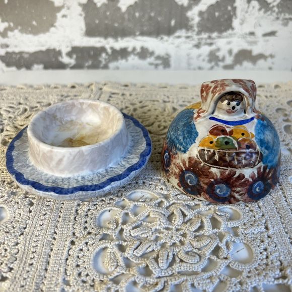 Vtg Italian Pottery Salt Cellar Cottagecore Granny Whimsy‎ Handmade & Painted 4” - Picture 3 of 10